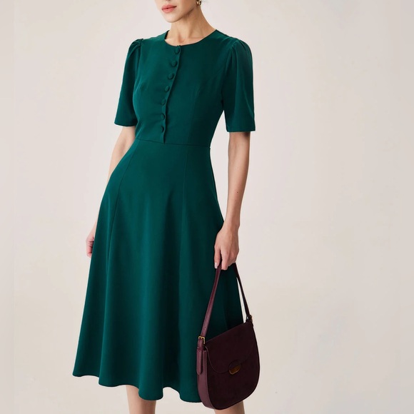 RIHOAS Dresses & Skirts - Rihoas Green Puffed Sleeve Button Midi Dress